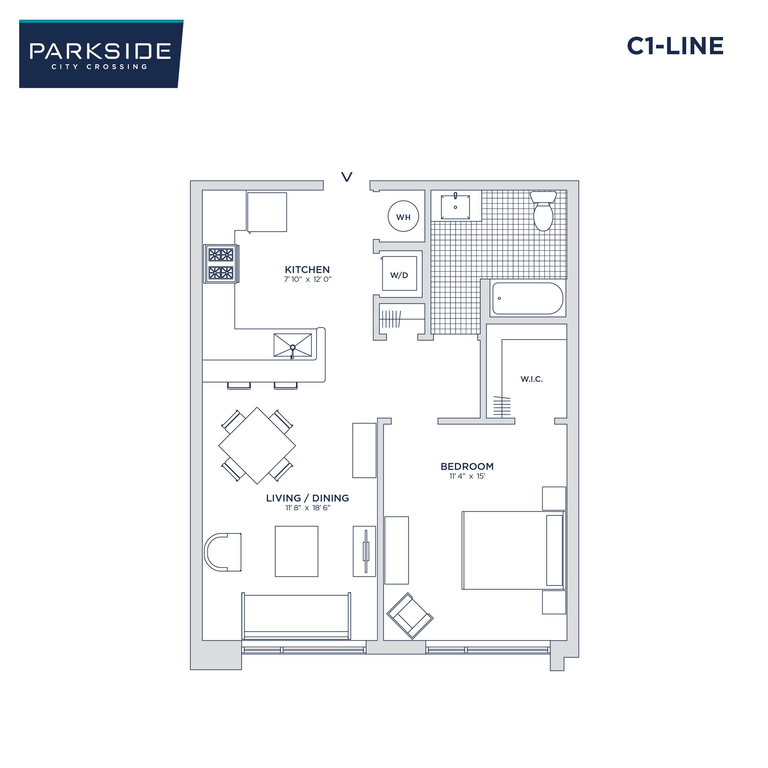 Floor plan for 1 bed, 1 bath, 689 sqft